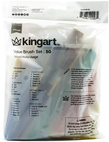 KINGART Mixed Media Brushes, Set of 50, Assorted Sizes, Good for All Projects - WoodArtSupply