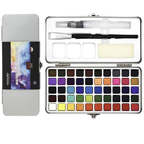 WOOCOLOR Watercolor Paint Set, 50 Colors, Watercolor Palette, Brush, Sponge in Portable Box, Travel Watercolors for Adults, Kids, Hobbyists, Art WOOCOLOR