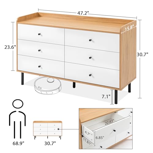 MAISONPEX Dresser for Bedroom with 6 Drawers and Metal Handle,Sturdy Frame Modern Bedroom Furniture, Chest of Drawers, White Dressers with Drawers MAISONPEX