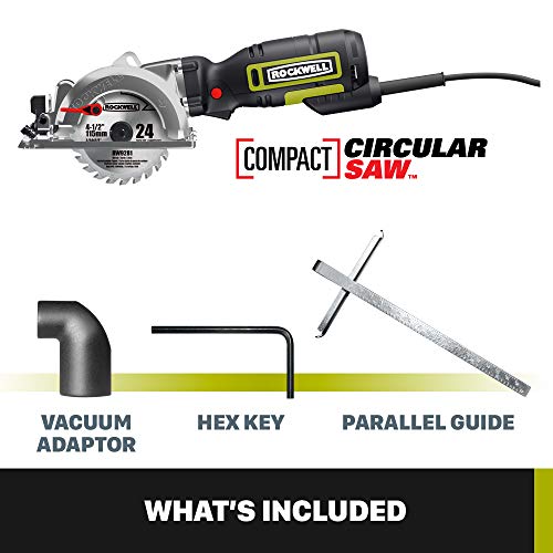 Rockwell 4-1/2” Compact Circular Saw, 5 amps, 3500 rpm, with Dust Port and Starter Kit– RK3441K , Black Rockwell