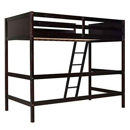 Merax Espresso Twin Modern Wood Loft Bed with Guardrail and Ladders Merax