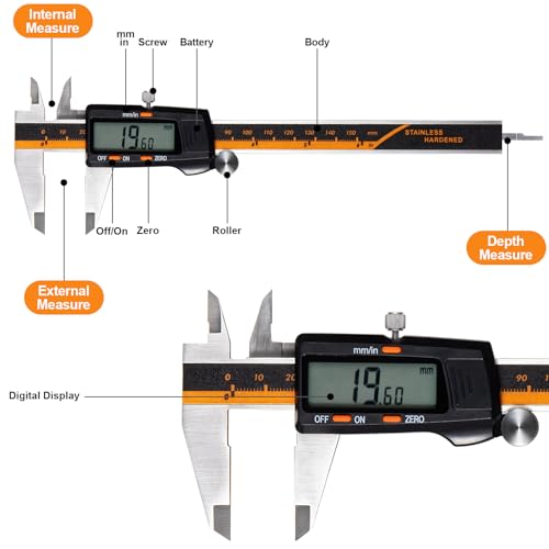 Spurtar Digital Caliper 6 Inch Machinist Ruler, Stainless Steel Calipers Measuring Tool 0-6" /0-150mm Micrometer, High Precision Metal Vernier Metric