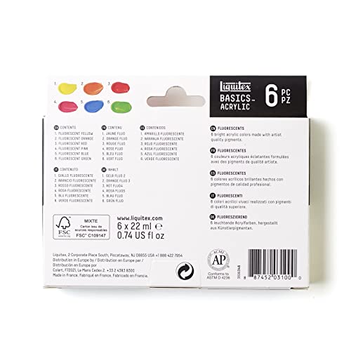 Liquitex BASICS Acrylic Paint Set, 6 x 22ml (0.74-oz) Tube Paint Set, Fluorescent - WoodArtSupply