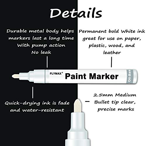 White Paint Pens, 6 Pack 2.5mm Medium Tip White Paint Marker Permanent for Wood Rock Plastic Leather Glass Stone Metal Canvas Ceramic Fabric Tire FLYMAX