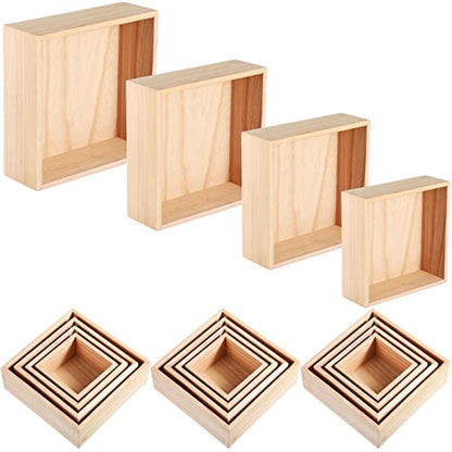 16 Pcs Unfinished Wooden Boxes 4 Size Wood Box Rustic Wooden Boxes for Crafts Wooden Crates Square Storage Centerpiece Boxes for Table Home Drawer