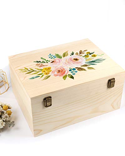 Woiworco Extral Large Wooden Box, 13 x 10 x 6.5 inch Natural Unfinished Pine Wood Boxes with Hinged Lid and Front Clasp for DIY Craft Art, Hobbies, Woiworco