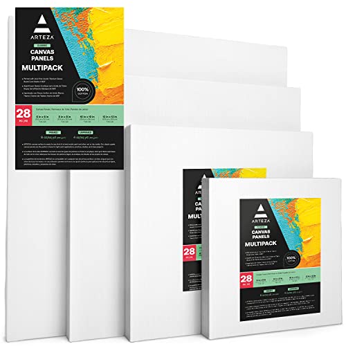 ARTEZA Canvases for Painting, Multipack of 28, 6 x 6, 8 x 8, 10 x 10, 12 x 12 Inches, Square Canvas Boards, 100% Cotton, 8 oz Gesso-Primed, Art - WoodArtSupply