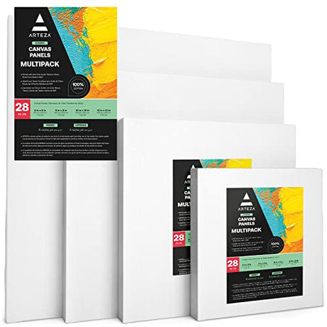 ARTEZA Canvases for Painting, Multipack of 28, 6 x 6, 8 x 8, 10 x 10, 12 x 12 Inches, Square Canvas Boards, 100% Cotton, 8 oz Gesso-Primed, Art ARTEZA