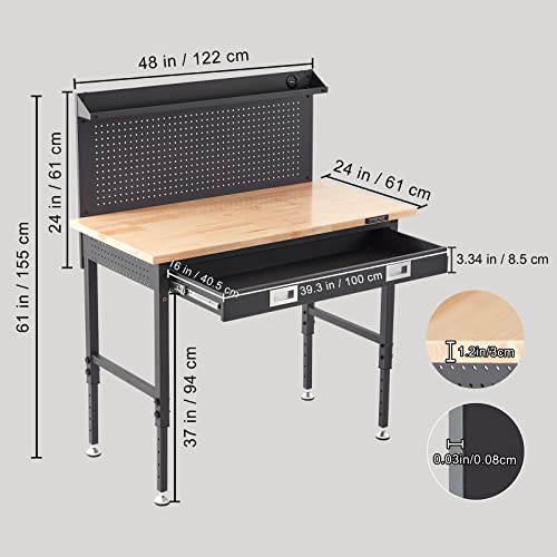 VEVOR Workbench Adjustable Height 28-39.5" Work Bench for Garage Oak Plank & Carbon Steel Heavy Duty Workbench 2000lbs Weight Capacity Bench top Size - WoodArtSupply