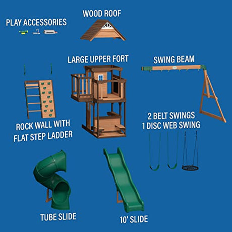 Backyard Discovery, Cedar Cove Wood Swing Set, Playground Fort, Chalkboard, Telescope, Dual Slide, Kitchenette, Wide Swing Lanes, 5ft Rock Wall, Step Backyard Discovery