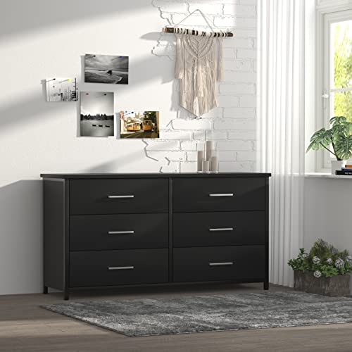 IKENO 6 Drawer Double Dresser, Industrial Wood Dresser for Bedroom, Storage Cabinet with Sturdy Steel Frame - WoodArtSupply