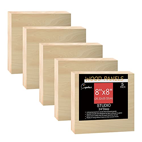 Unfinished Wood Boards Canvas for Painting, 5 Packs 3/4’’ Deep Cupohus 8’’ x 8’’ Wooden Cradled Panels for Pouring Art, Crfats, Paints and More Cupohus