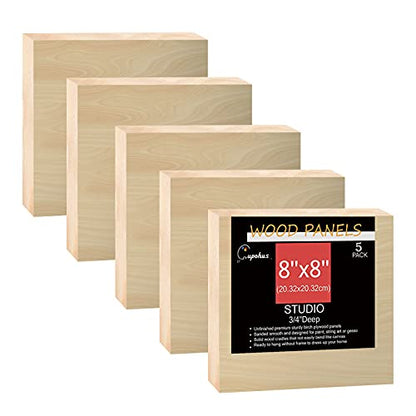 Unfinished Wood Boards Canvas for Painting, 5 Packs 3/4’’ Deep Cupohus 8’’ x 8’’ Wooden Cradled Panels for Pouring Art, Crfats, Paints and More