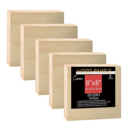Unfinished Wood Boards Canvas for Painting, 5 Packs 3/4’’ Deep Cupohus 8’’ x 8’’ Wooden Cradled Panels for Pouring Art, Crfats, Paints and More