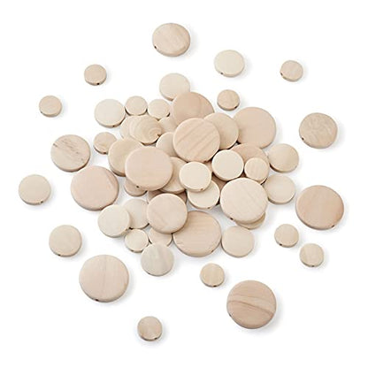 Craftdady 160pcs Unfinished Flat Round Wood Beads 15-30mm Blank Natural Wooden Circle Coin Disc Loose Beads for Jewelry Crafts Making Home Decoration