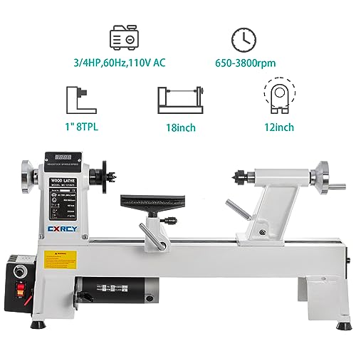 CXRCY 12" x 18" Wood Lathe, Benchtop Wood Lathe Machine 3/4 HP Infinitely Variable Speed 650-3800 RPM with Goggle & 3 Chisels for Woodworking, CXRCY