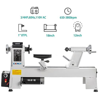 CXRCY 12" x 18" Wood Lathe, Benchtop Wood Lathe Machine 3/4 HP Infinitely Variable Speed 650-3800 RPM with Goggle & 3 Chisels for Woodworking, - WoodArtSupply