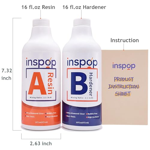 32 fl.oz Craft Epoxy Resin and Hardener Kit, Crystal Clear, Food Safe & Low Odor, Bubble Free, High Hardness for Casting (Deep Pour) and Art, Wood, INSPOP