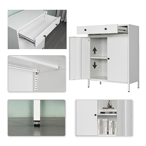 BESFUR Sideboard Buffet Cabinet, Accent Cabinet with Drawer, 39.3“H x 27.5”W x 15.7“D Metal Buffets & Sideboards for Living Room, Hallway - White BESFUR