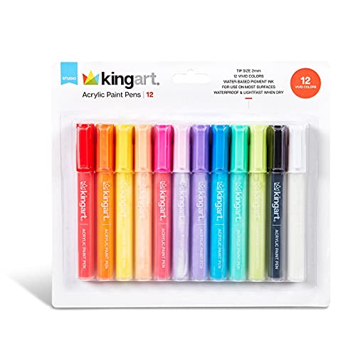 KINGART 455-12 PRO 12 Ct.Medium Pt. Paint Pens, 2mm Tip, 12 Acrylic Paint Colors, Low-Odor Water-Based Quick Dry Paint Markers for Rock, Wood, Metal, - WoodArtSupply