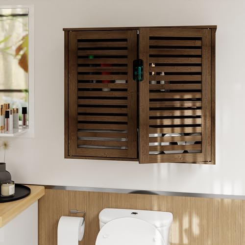 HITNET Walnut Wall-Mounted Medicine Cabinet with Bamboo Shelves - Stylish Bathroom Storage Organizer - WoodArtSupply