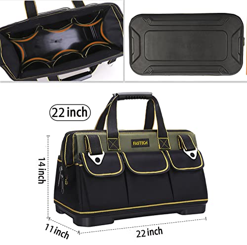 FASTECH 22-inch Wide Mouth Tool Bag with Water Proof Molded Base，Wide Mouth Tool Tote Bag,Waterproof Tool Organizer Bag for Men with Adjustable FASTECH