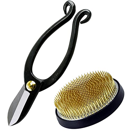 Wazakura Made in Japan Ikebana Tool Kit - Ikenobo Scissors + Brass Kenzan Flower Holder, Japanese Floral Arrangement Set, Florist Shears and Pin Frog Wazakura
