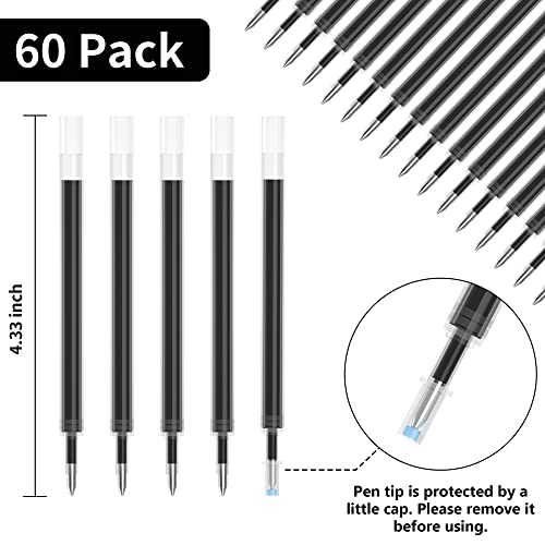 Retractable Gel Pen Refills, Shuttle Art 60 Pack Black Rollerball Gel Ink Pens Refills, Bulk Set, 0.7mm Fine Point for Writing Journaling Taking Shuttle Art