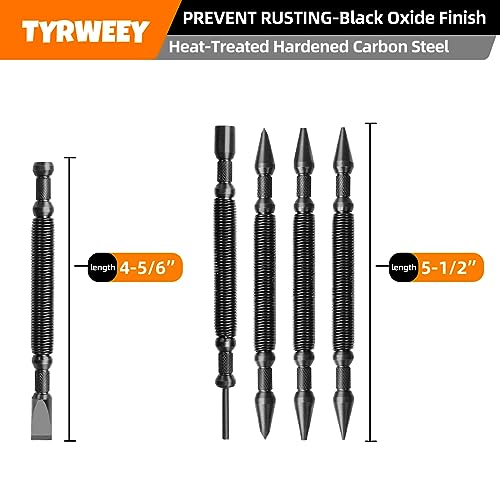 TYRWEEY 5-Piece Nail Setter Dual Head Nail Set & Dual Head Center Punch & Hinge Pin Remover Punch Set, Spring Loaded Center Hole Punch, Nail Setter - WoodArtSupply