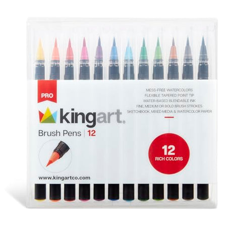 KINGART Pro Brush Pens, 12 Colors for Real Watercolor Painting with Flexible Nylon Brush Tips, Paint Markers for Coloring, Calligraphy and Drawing KINGART