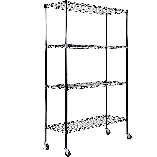 VEVOR Storage Shelving Unit with Wheels, 4-Tier Adjustable, 700 lbs Capacity, Heavy Duty Garage Shelves Metal Organizer Wire Rack, Black, 48" L x 18" VEVOR