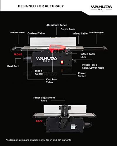 Wahuda Tools Jointer - 10-inch Benchtop Wood Jointer, Spiral Cutterhead Portable Jointer, Cast Iron Tables w/Pull Out Extensions, 4-Sided Carbide WAHUDA TOOLS
