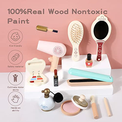 Kids Makeup Kit for Girl Wooden Make-up Toy Set for Toddlers Pretend Play Salon Toys Set for Kid Children Princess Birthday Gift Montessori Travel - WoodArtSupply