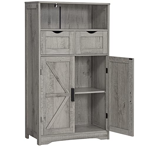 WEENFON Floor Storage Cabinet with 2 Adjustable Drawers & 2 Barn Doors, Standing Cupboard with 2 Shelf, for Living Room, Home Office, Kitchen, Grey - WoodArtSupply