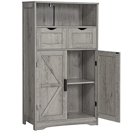 WEENFON Floor Storage Cabinet with 2 Adjustable Drawers & 2 Barn Doors, Standing Cupboard with 2 Shelf, for Living Room, Home Office, Kitchen, Grey WEENFON