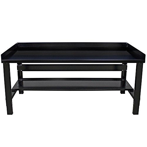 Borroughs Adjustable Height Heavy Duty Workbench with Bottom Shelf, Back and End Guards, Commercial Grade, 12-Gauge Black Painted Steel Top, 34 in. x - WoodArtSupply