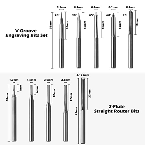 Genmitsu 50pcs Tungsten Carbide End Mill Router Bits, 1/8'' Shank CNC Bit Set Including 2-Flute Straight Bit, Flat Nose & Ball Nose End Mill, PCB - WoodArtSupply