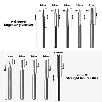 Genmitsu 50pcs Tungsten Carbide End Mill Router Bits, 1/8'' Shank CNC Bit Set Including 2-Flute Straight Bit, Flat Nose & Ball Nose End Mill, PCB - WoodArtSupply