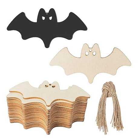 Unfinished Flying Bats Wood Bats Shaped DIY Wood Halloween Blank Wood with Twines Art Unfinished Ornaments for Halloween Christmas Wedding Birthday Zontween