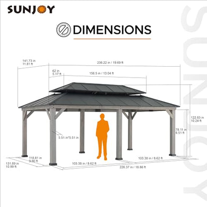 Sunjoy 12 x 20 ft. Wood Gazebo, Outdoor Patio Steel Hardtop Gazebo, Cedar Framed Wooden Gazebo with 2-Tier Metal Roof, Suitable for Patios, Lawn and