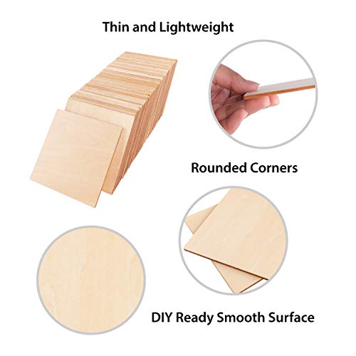 50 Pack Unfinished Wood Square Blank Pieces Natural Wooden Slices for Arts & Crafts, Painting DIY Decorations, Burning & Staining (4" Inch)