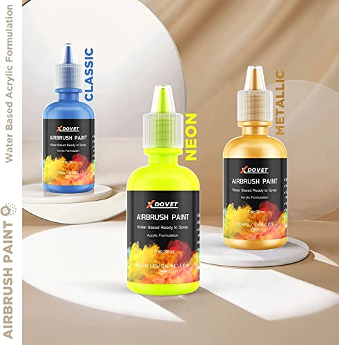 XDOVET Airbrush Paint, 28 Colors Airbrush Paint Set (30 ml/1 oz), Ready to Spray, Opaque & Neon Colors, Water-Based, Premium Acrylic Airbrush Paint XDOVET