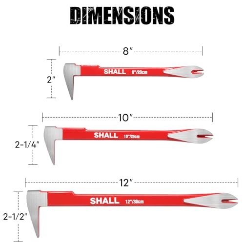 SHALL 3-Piece Nail Puller Tool Set, 12’’, 10’’, 8’’ - Heavy Duty & Mini Cats Paw Pry Bar, Utility Claw Bar, Wonder Bar, High Carbon Steel Crowbar - WoodArtSupply