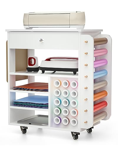 Rolling Craft Cart and Storage Table for Cricut - VDamu Vinyl Roll Holder and Craft Room Organizer - WoodArtSupply