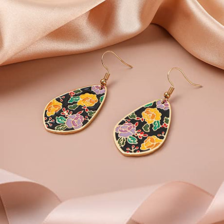 Bohemian Drop Flower Earrings for Women Colorful Floral Pattern Epoxy Resin Tie Dye Lightweight Elegant Vintage Teardrop Dangle Earrings Boho IDEAJOY
