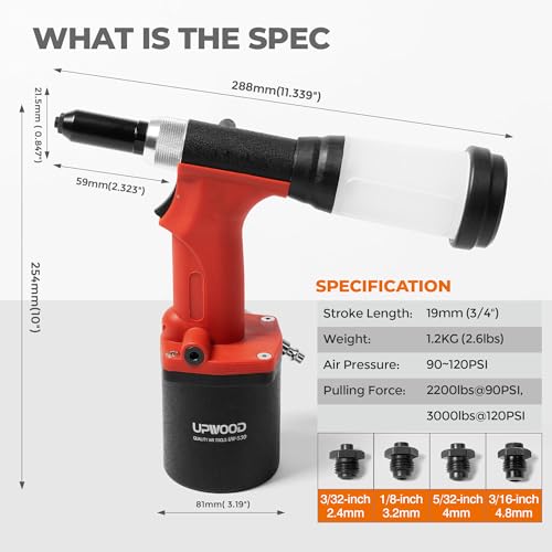 UPWOOD Pneumatic Hydraulic Pop Rivet Gun, Self-Suction Air Riveter Riveting Tool with 100 pcs Blind Rivets and 3/32" 1/8" 5/32" 3/16" Nose Pieces UPWOOD