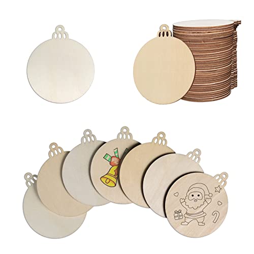 Guzon 50PCS Natural Round Wood Discs with Holes, DIY Wooden Ornaments 3" Unfinished Predrilled Wood for Christmas Crafts Centerpieces Holiday Disco