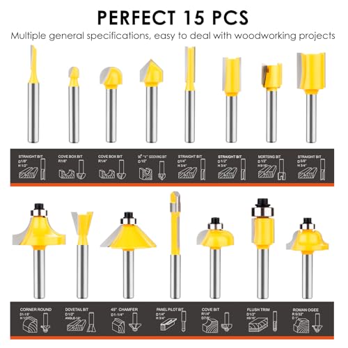 Router Bits Set 1/4 Inch Shank - BAIDETS 15 Pieces 1/4" Tungsten Carbide Router Bits, Woodwork Tools