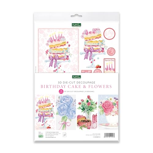 Katy Sue Birthday Cake & Flowers Paper Tole 3D Die Cut Decoupage Selection Pack. Contains 12 Die-Cut Sheets in Letter Size (4 Designs, 3 Copies of Katy Sue