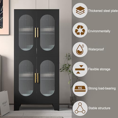 RISTERN Black Metal Storage Cabinet, Kitchen Pantry Storage Cabinet with Doors and 3 Shelves(2 Adjustable), Floor Office Storage Cabinet for Kitchen, RISTERN